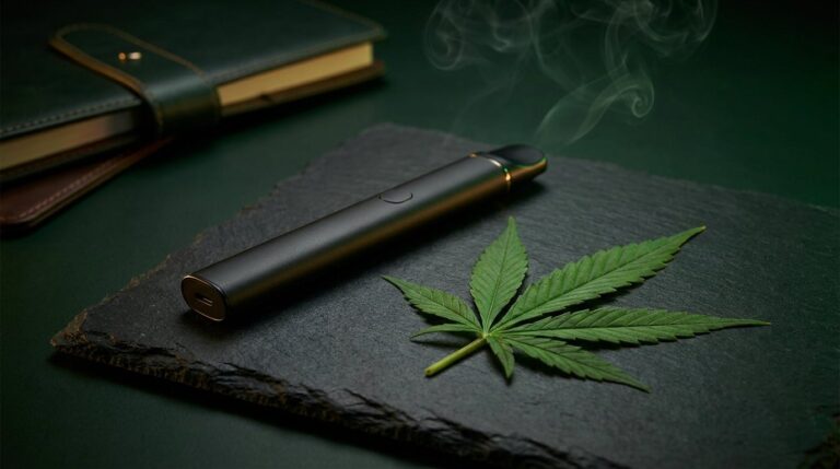 Weed vape pen beside a fresh cannabis leaf