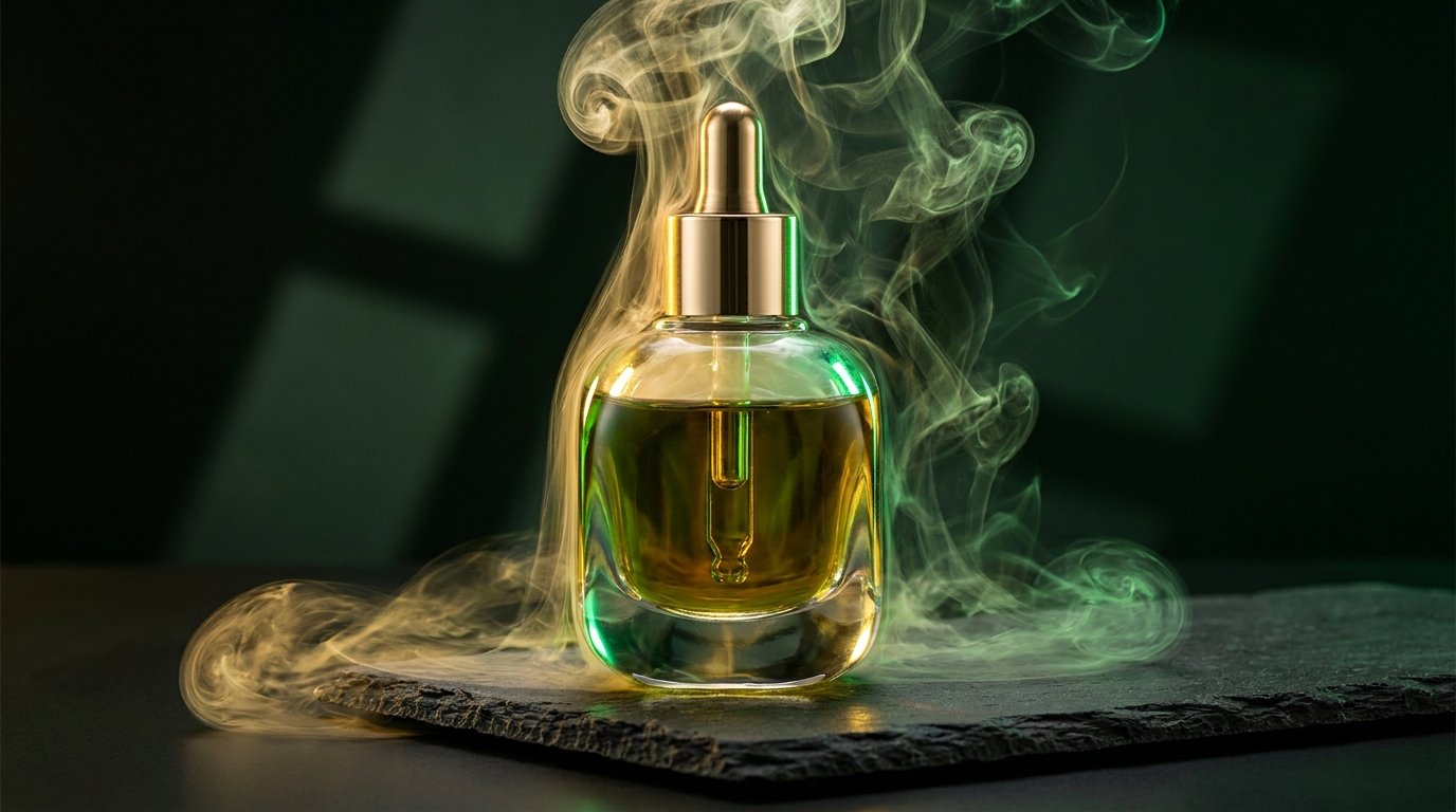 Strong THC vape juice bottle with rising smoke