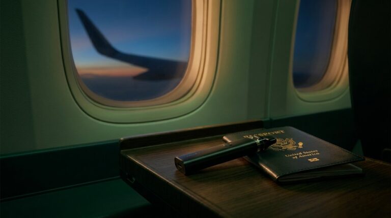 THC vape pen and passport beside an airplane window