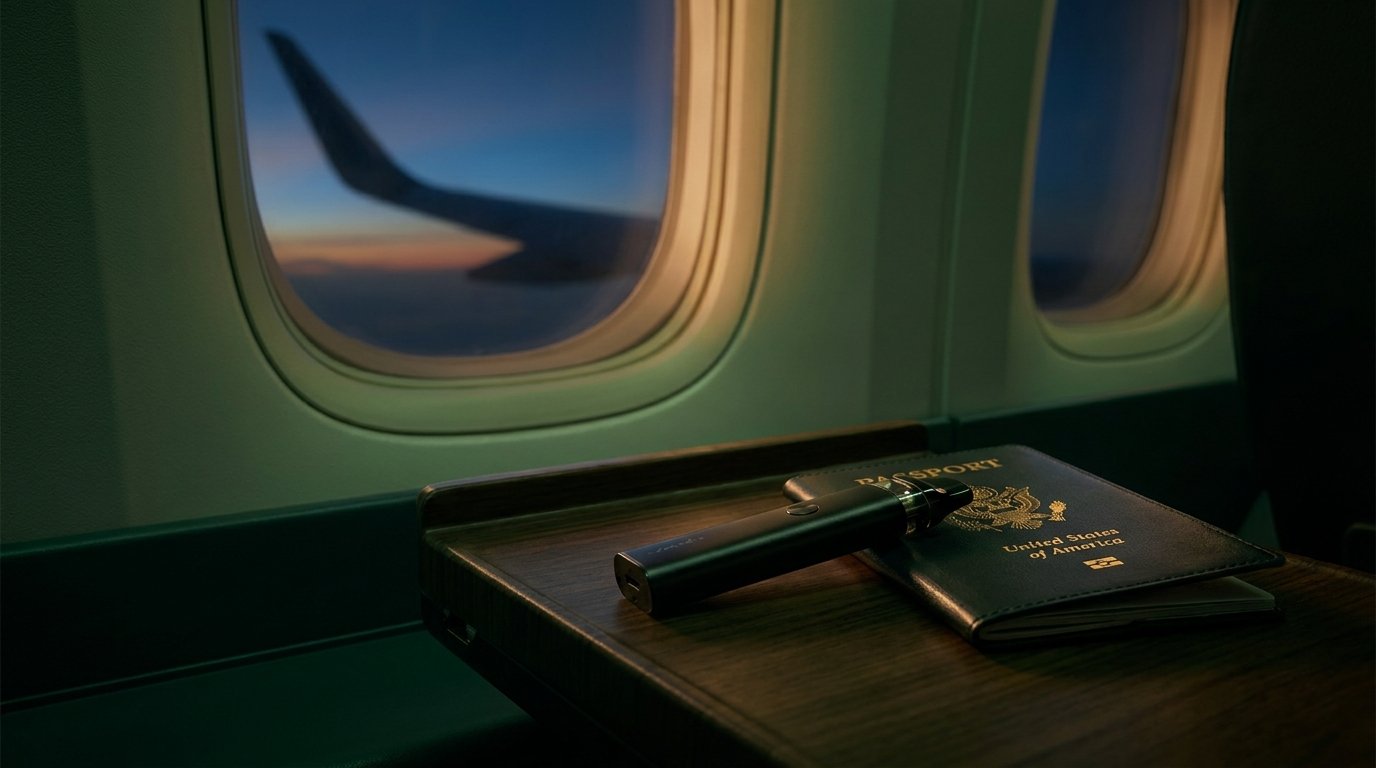 THC vape pen and passport beside an airplane window