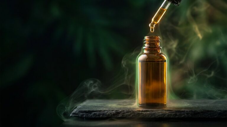 Amber bottle of THC liquid vape juice with a glass dropper