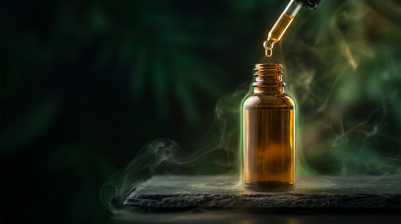 Amber bottle of THC liquid vape juice with a glass dropper